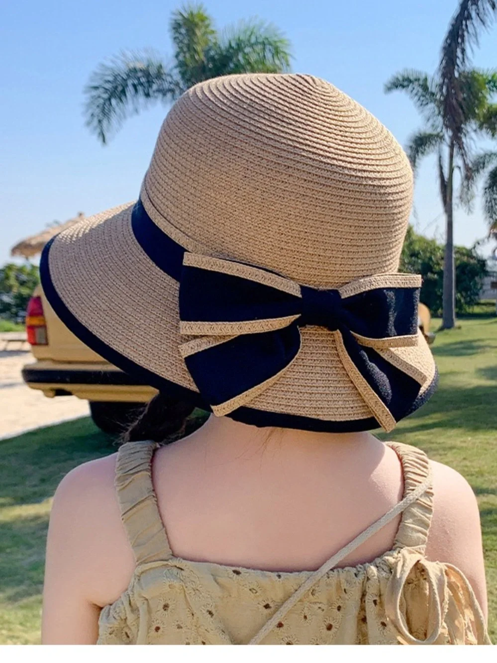 Kids Straw Sun Hat with Navy Trim - Child Beach Hat